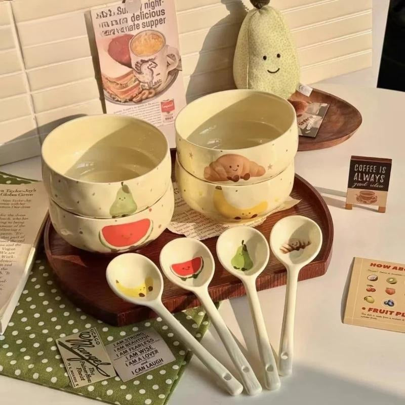 Cute Pastel Ceramic Bowl with Spoon