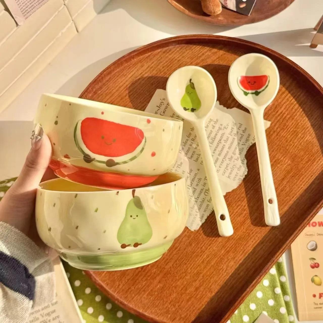 Cute Pastel Ceramic Bowl with Spoon