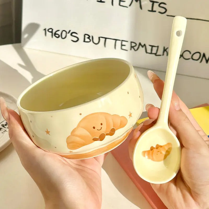 Cute Pastel Ceramic Bowl with Spoon