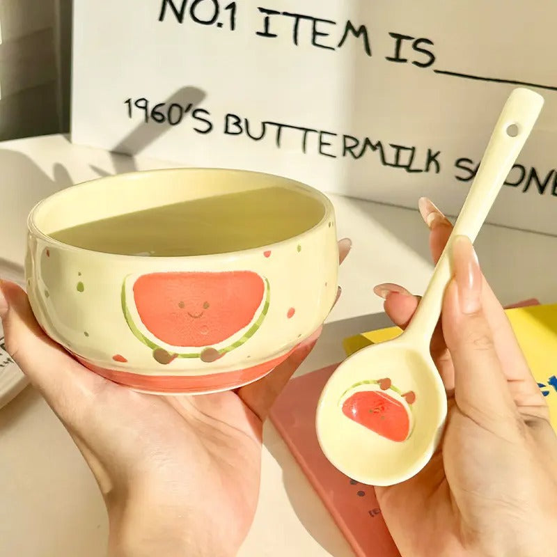 Cute Pastel Ceramic Bowl with Spoon