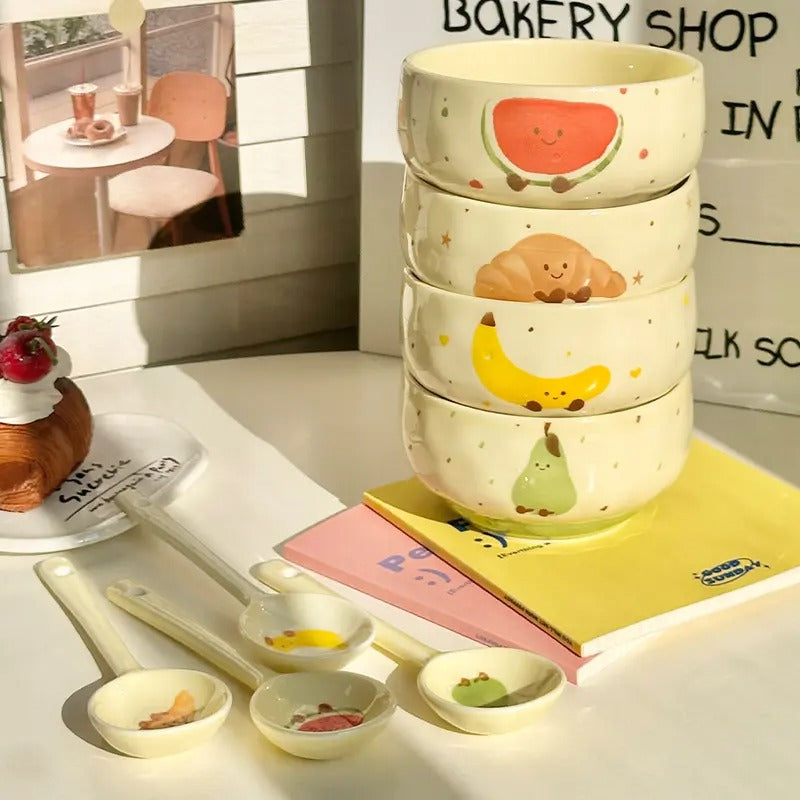Cute Pastel Ceramic Bowl with Spoon